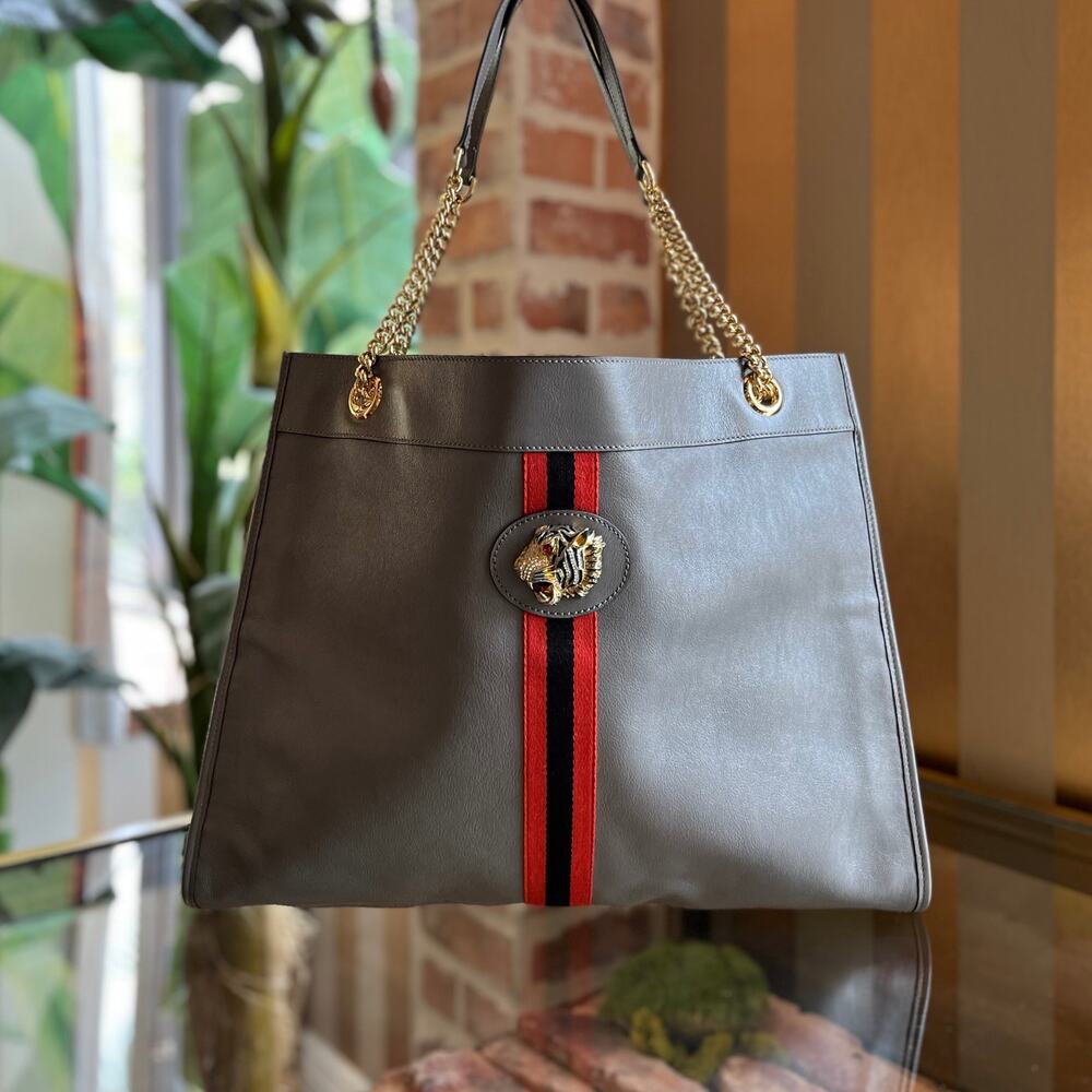 GUCCI Large Rajah Gray Leather Tote Bag